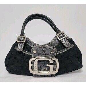 Guess Vintage Black Logo Mini Shoulder Bag Silver G Buckle Croc Embossed Y2K